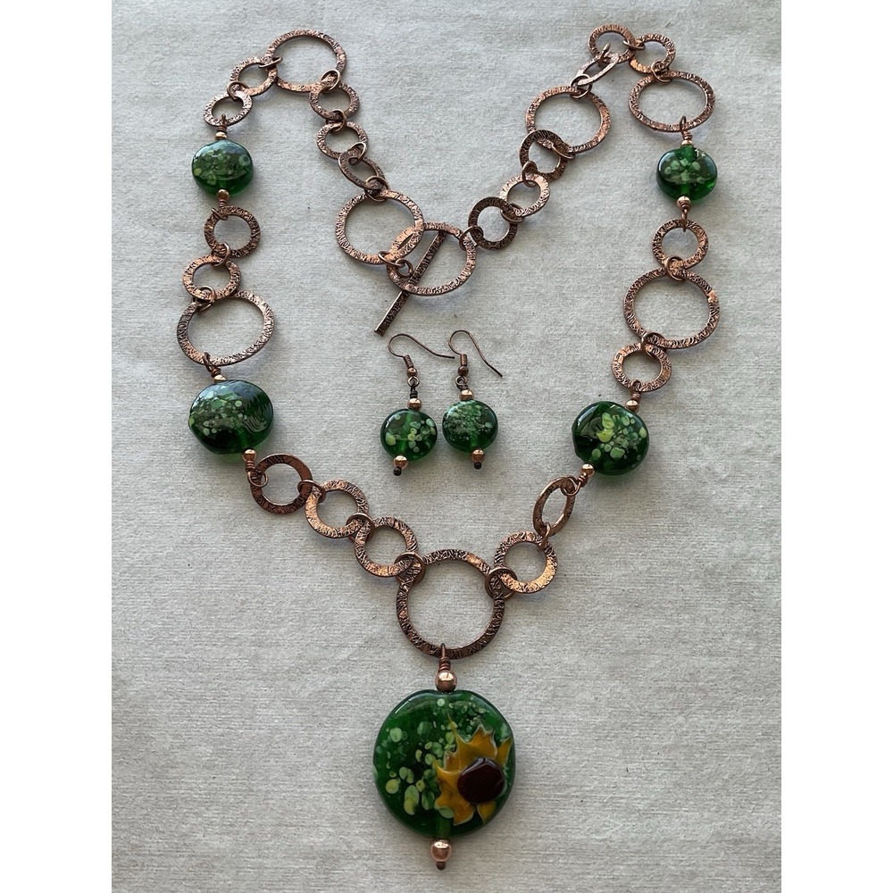 artisan copper and green glass jewelry set Earrings + Necklace Vintage Estate - Picture 8 of 8